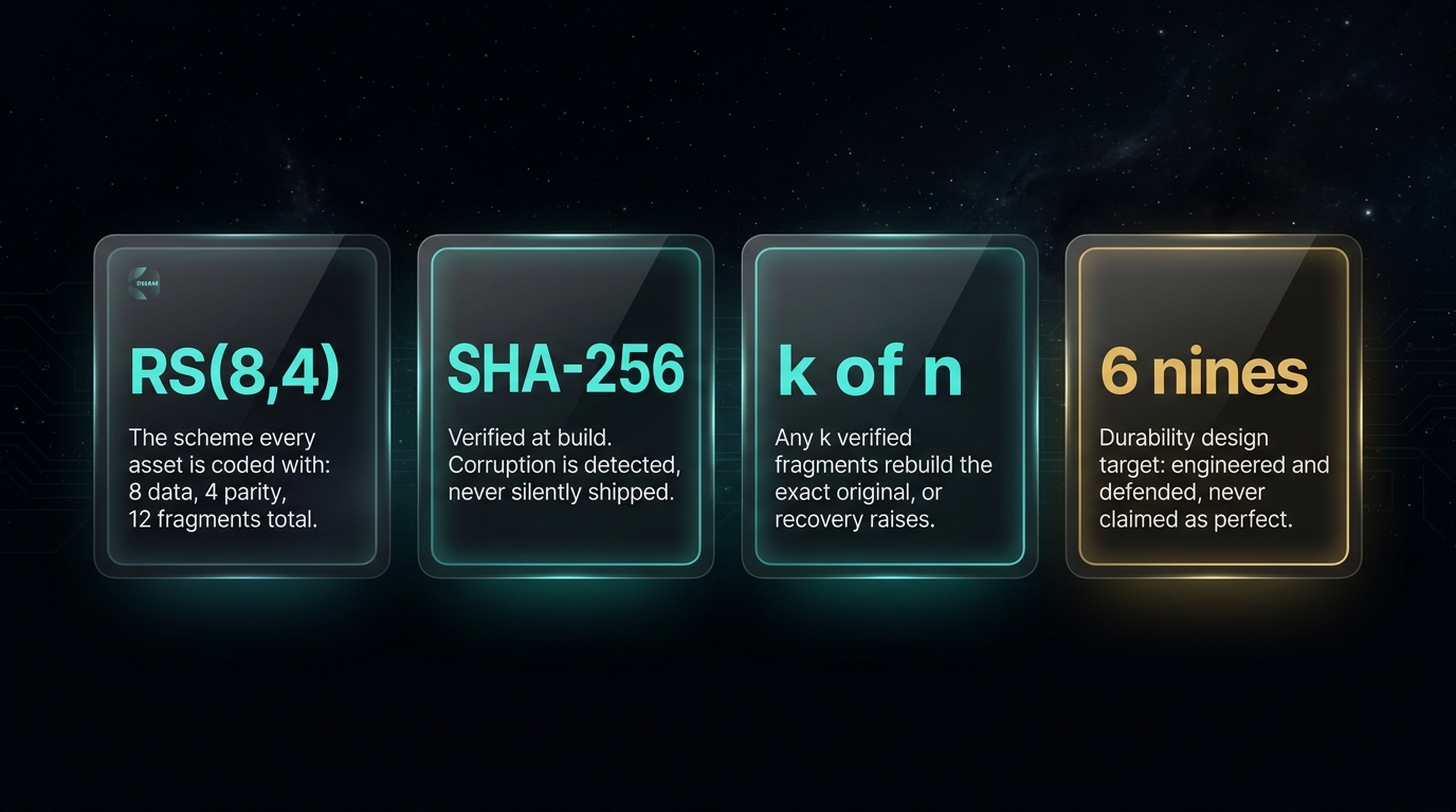 KWAM four core properties at a glance: RS(8,4), SHA-256, k of n, and the six nines design target