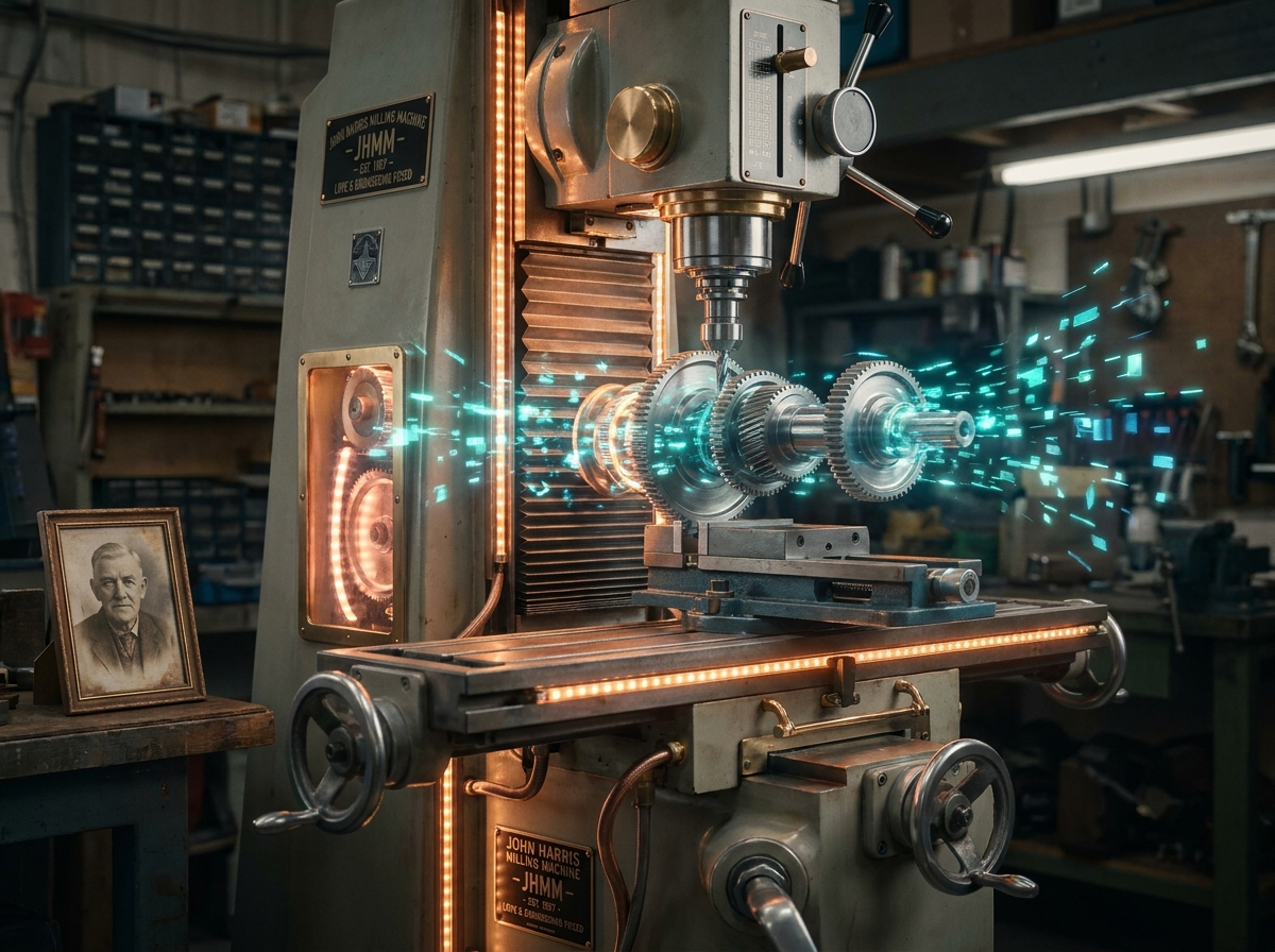 A 1987 CNC precision milling machine glowing with teal data light — tribute to Papa John Harris and Southeastern Die Company