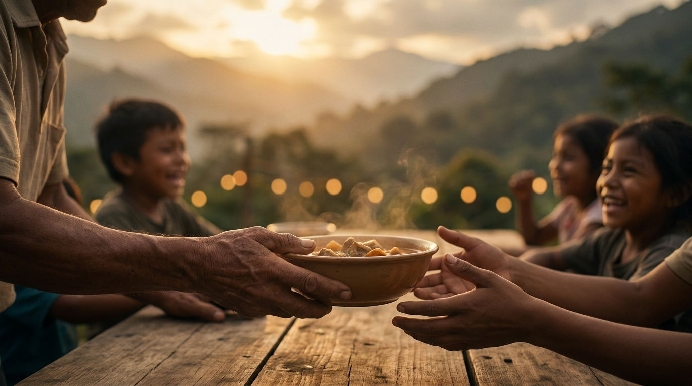 Warm golden hour light over Honduras — generous hands passing food, children's silhouettes in the distance