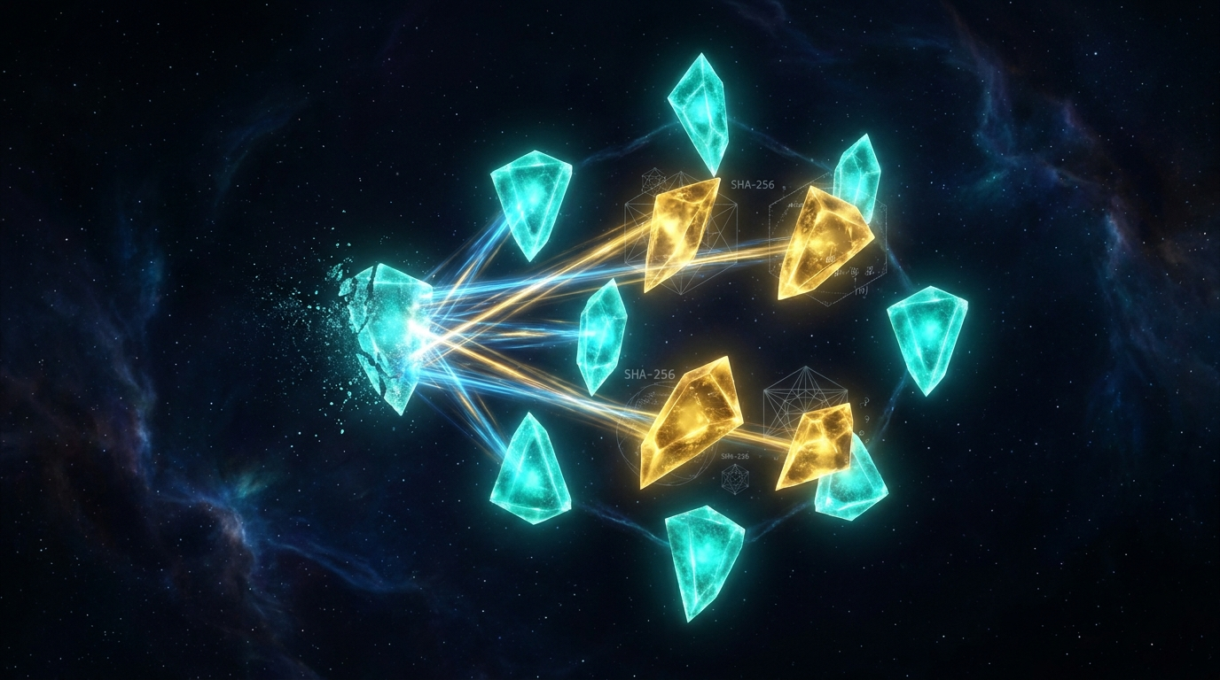 12 luminous RS(8,4) fragments — 8 teal data shards and 4 gold parity shards — one healing while the constellation holds